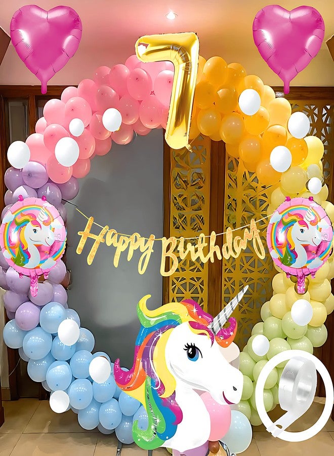 Flyloons Unicorn Theme 7Th Birthday Decorations Kit For Girls Boys Kids For 7 Year With Unicorn Foil Heart Foil Pink Purple Yellow Mint Orange Blue Pastel White Metallic Balloons Happy Banner, 58 Pcs - Image 1